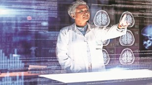 Doctor, hospital and futuristic brain mri in cancer, xray or mental health neurology in night medical. Abstract, hologram and 3d thinking organ in healthcare scan, surgery planning or woman analytics