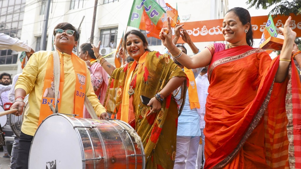 BJP workers celebrate their victory in Maharashtra Assembly polls and some other bypolls, in Hyderabad, Saturday, Nov. 23, 2024. (PTI Photo)