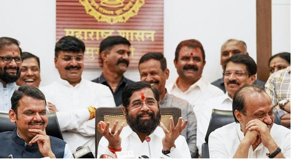 Maharashtra Chief Minister Eknath Shinde with Deputy Chief Ministers Devendra Fadnavis and Ajit Pawar. (Image:PTI)