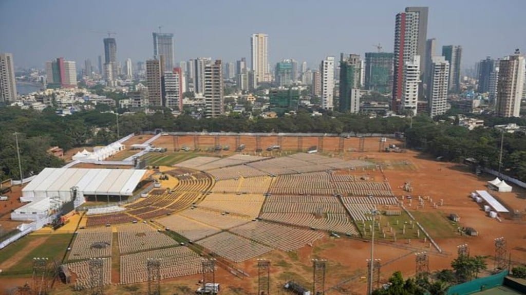 Preparations ahead of the public meeting of Prime minister Narendra Modi, at the Shivaji Park ground in Mumbai, Wednesday, Nov. 13, 2024. (PTI Photo)