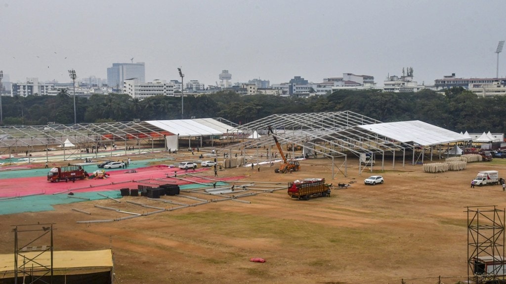 Preparations underway for the swearing-in ceremony of the new Maharashtra government, at Azad Maidan, in Mumbai, Tuesday, Dec. 3, 2024. (PTI Photo) Preparations underway for the swearing-in ceremony of the new Maharashtra government, at Azad Maidan, in Mumbai, Tuesday, Dec. 3, 2024. (PTI Photo)