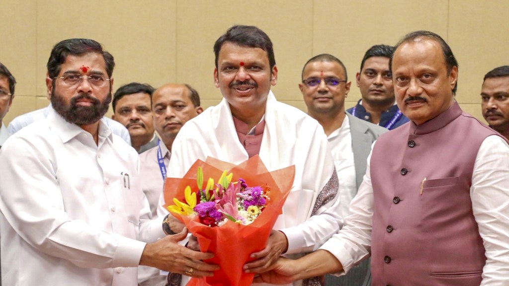 Maharashtra Chief Minister Devendra Fadnavis being felicitated by Deputy CMs Eknath Shinde and Ajit Pawar at the Cabinet meeting, in Mumbai. (PTI Photo) Maharashtra Chief Minister Devendra Fadnavis being felicitated by Deputy CMs Eknath Shinde and Ajit Pawar at the Cabinet meeting, in Mumbai. (PTI Photo)