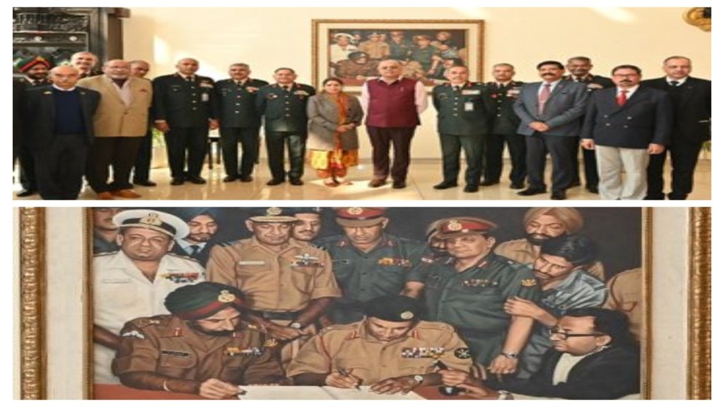 General Upendra Dwivedi, Chief of the Army Staff (COAS), alongside his wife, Mrs. Sunita Dwivedi, inaugurated the installation of the iconic 1971 surrender painting at a new, prominent location. (Image Source: ADGPI) General Upendra Dwivedi, Chief of the Army Staff (COAS), alongside his wife, Mrs. Sunita Dwivedi, inaugurated the installation of the iconic 1971 surrender painting at a new, prominent location. (Image Source: ADGPI)