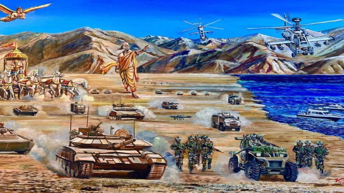 The new painting, titled Karam Kshetra – Field of Deeds, shifts the narrative towards portraying the Army as a "guardian of Dharma,". (Image Source: X/twitter)