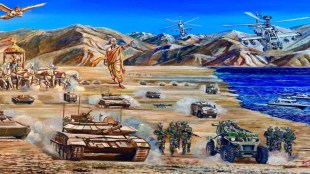 The new painting, titled Karam Kshetra – Field of Deeds, shifts the narrative towards portraying the Army as a "guardian of Dharma,". (Image Source: X/twitter)
