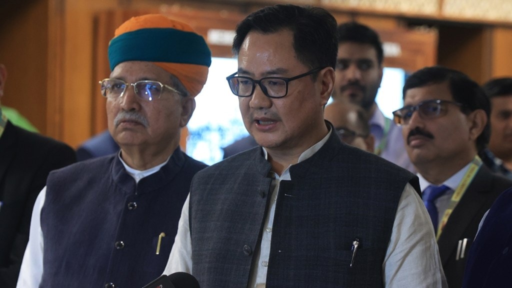 Union Minister of Parliamentary Affairs Kiren Rijiju and Arjun Ram Meghwal during the all-party meeting ahead of Winter session of the Parliament in New Delhi, Sunday, Nov. 24, 2024. Express Photo. Union Minister of Parliamentary Affairs Kiren Rijiju and Arjun Ram Meghwal during the all-party meeting ahead of Winter session of the Parliament in New Delhi, Sunday, Nov. 24, 2024. Express Photo.
