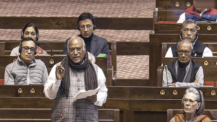 LoP in the Rajya Sabha Mallikarjun Kharge speaks in the House during the Winter session of Parliament, in New Delhi, Monday, Dec. 16, 2024. (PTI Photo)
