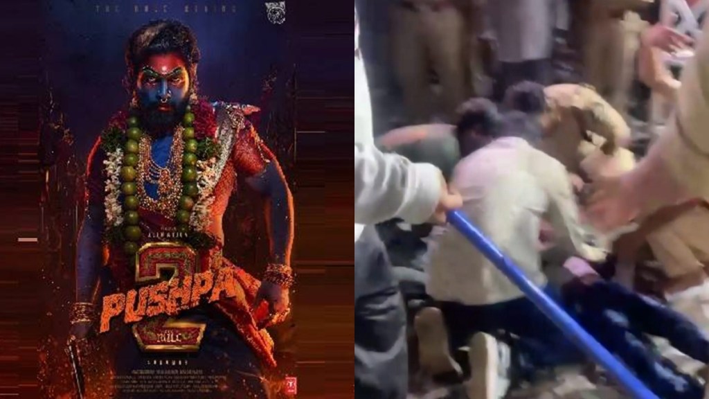 Security personnel give CPR to a boy who fainted after a large number of fans gathered at a theatre for the premiere show of Telugu film 'Pushpa 2', in Hyderabad, Wednesday night, Dec. 4, 2024.