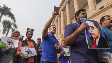 LoP in the Lok Sabha and Congress MP Rahul Gandhi with other INDIA bloc members during a protest in Parliament premises demanding the resignation of Home Minister Amit Shah for his remarks related to B R Ambedkar, in New Delhi, Thursday, Dec. 19, 2024. (PTI Photo/Arun Sharma)