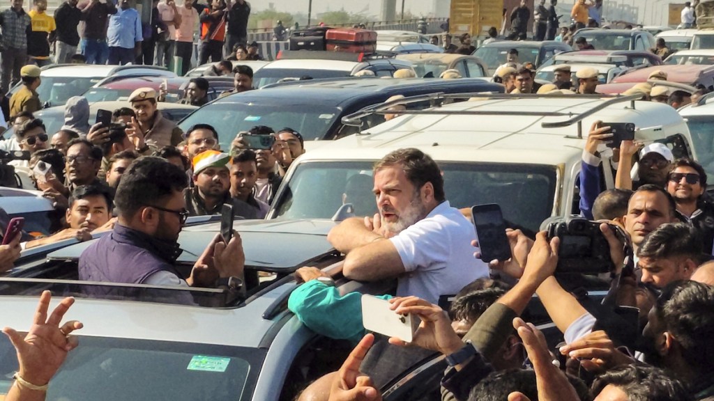 Leader of Opposition in the Lok Sabha Rahul Gandhi being stopped at the Ghazipur border while he was on his way to visit the violence-hit Sambhal, in Ghaziabad, Wednesday, Dec. 4, 2024. (PTI Photo)