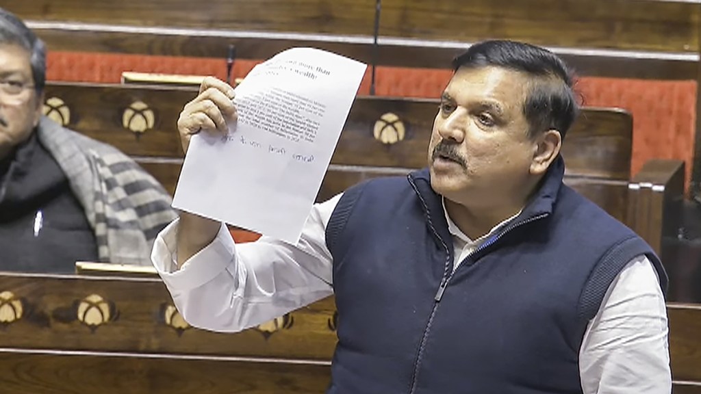 AAP MP Sanjay Singh speaks in the Rajya Sabha during the Winter session of Parliament, in New Delhi, Tuesday, Dec. 17, 2024. (PTI Photo)