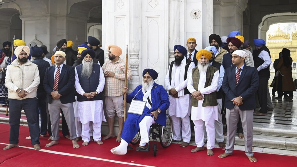 Shiromani Akali Dal leader Sukhbir Singh Badal at the Golden Temple to serve the 'tankhah' (religious punishment) given to him by the Akal Takht, in Amritsar, Tuesday, Dec. 3, 2024. Badal will work as a 'sevadar', and wash dishes and clean shoes at the Golden Temple. (PTI Photo) Shiromani Akali Dal leader Sukhbir Singh Badal at the Golden Temple to serve the 'tankhah' (religious punishment) given to him by the Akal Takht, in Amritsar, Tuesday, Dec. 3, 2024. Badal will work as a 'sevadar', and wash dishes and clean shoes at the Golden Temple. (PTI Photo)