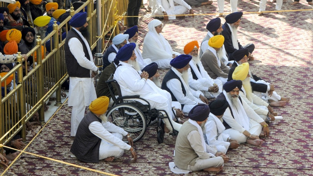 Sukhbir Singh Badal and other leaders of the previous SAD government during the hearing of 'tankhaiya' (guilty of religious misconduct) case by the Akal Takht, in Amritsar, Monday, Dec. 2, 2024.