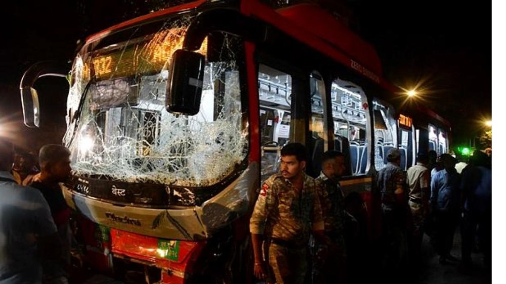 Security personnel near the damaged Brihanmumbai Electric Supply and Transport (BEST) undertaking's bus after it rammed into pedestrians as well as vehicles on a road at Kurla, in Mumbai, Monday, Dec. 9, 2024. (Image: PTI)