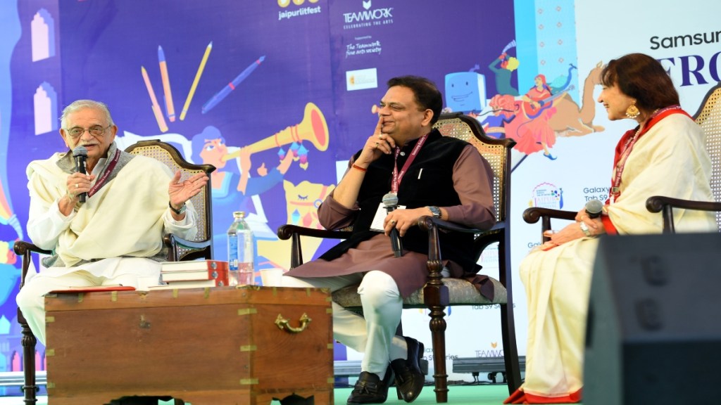 Lyricist and author Gulzar and Yatindra Mishra in conversation with Sathya Saran at Jaipur Literature Festival in February 2024. Photo credit: Express archive
