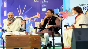 Lyricist and author Gulzar and Yatindra Mishra in conversation with Sathya Saran at Jaipur Literature Festival in February 2024. Photo credit: Express archive
