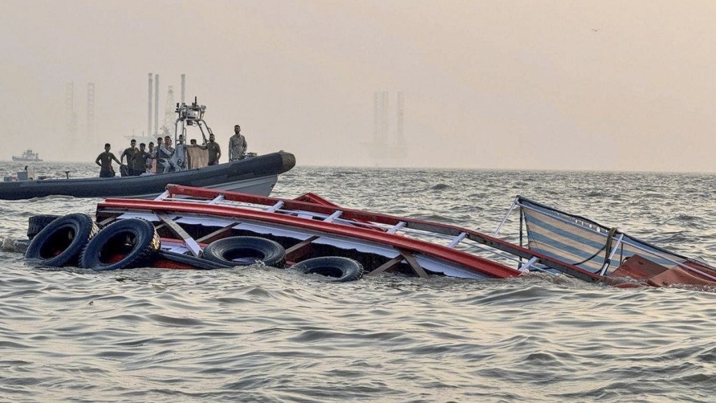 Rescue work underway after a ferry capsized off Mumbai coast when a Navy craft crashed into it, Wednesday, Dec. 18, 2024. At least 13 passenger died and and 99 were rescued. (PTI Photo)(