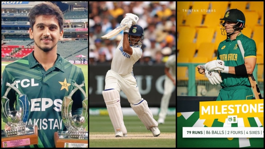 (From Left to Right) Pakistan cricketer Saim Ayub, Indian cricketer Yashasvi Jaiswal and South African cricketer Tristan Stubbs