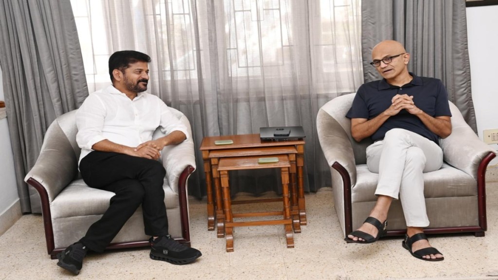 Telangana CM Revanth Reddy met Microsoft CEO Satya Nadella in Hyderabad today. The meeting happened at Satya Nadella’s house in Hyderabad.