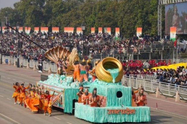 The Uttar Pradesh tableau on display during the Republic Day Parade 2025 at Kartavya Path in New Delhi. (Image Source: PTI)