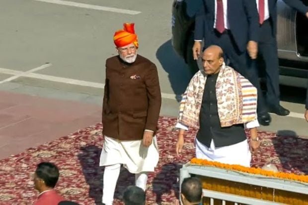 Prime Minister Narendra Modi and Defence Minister Rajnath Singh attend the 76th Republic Day parade at Kartavya Path, in New Delhi on January 26, 2025. (Image: @narendramodi via PTI Photo)