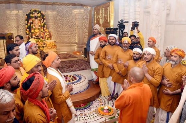 Uttar Pradesh Chief Minister Yogi Adityanath seen at the Ram Janmabhoomi temple in Ayodhya to mark the temple's first anniversary. (Image Source: Express Photo)