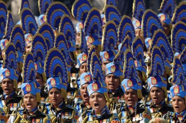 Indian soldiers seen marching at the parade in New Delhi on January 26,2025. (Image: REUTERS/Adnan Abidi)