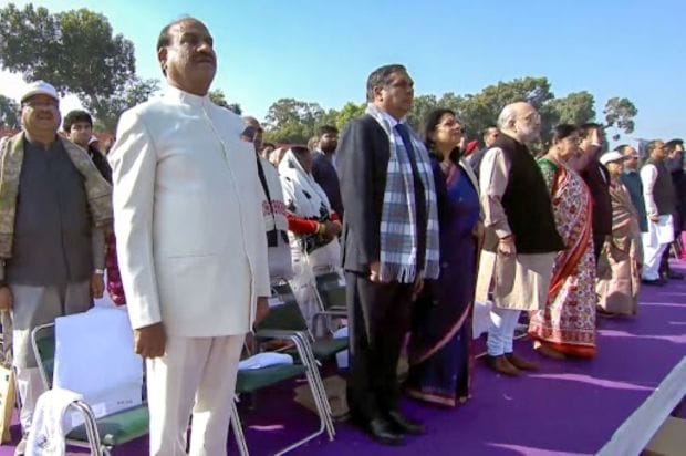 Lok Sabha Speaker Om Birla, Union Home Minister Amit Shah and other dignitaries seen attending the 76th Republic Day parade at Kartavya Path. (Image: @narendramodi via PTI Photo)