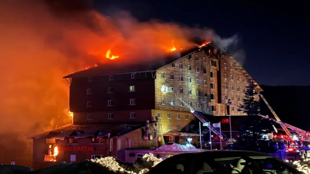 Firefighters work to extinguish a fire in a hotel at a ski resort in Kartalkaya, Bolu province, northwest Turkiye, on Tuesday, January 21, 2025 [IHA via AP Photo]