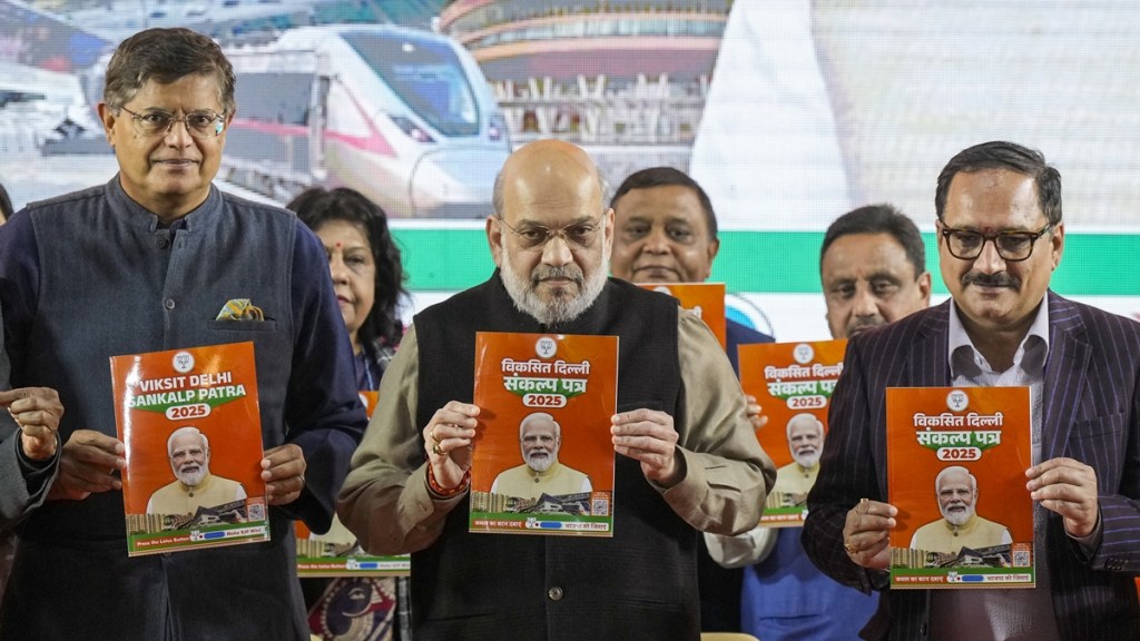 Union Home Minister Amit Shah along with BJP National Vice President Baijayant Panda and Delhi BJP President Virendra Sachdeva releases third part of BJP's manifesto for the upcoming Delhi Assembly elections, in New Delhi, Saturday, Jan. 25, 2025. (PTI Photo)