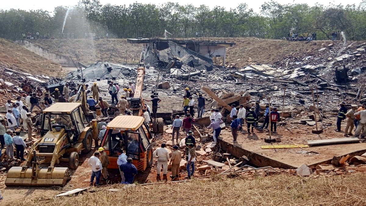 Rescue operation underway after a blast at the ordnance factory, in Bhandara district, Maharashtra, Friday, Jan. 24, 2025. (PTI Photo)