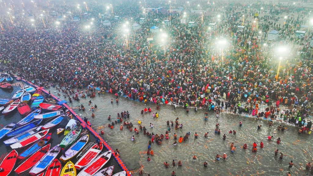 Devotees take a holy dip at Sangam during Maha Kumbh Mela 2025, in Prayagraj, Uttar Pradesh. Devotees take a holy dip at Sangam during Maha Kumbh Mela 2025, in Prayagraj, Uttar Pradesh.