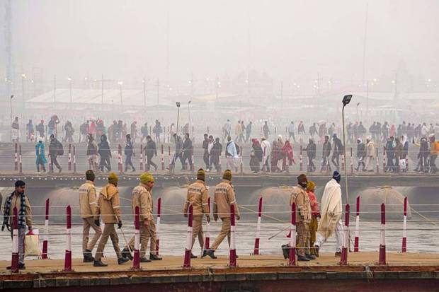 Security personnel patrol at Sangam on the first day of Maha Kumbh Mela 2025, in Prayagraj, Uttar Pradesh. (Photo source: PTI)