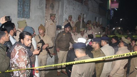 Police personnel conduct investigation after at least five members of a family were found dead at their residence, in Meerut, Uttar Pradesh, Friday, Jan. 10, 2025. (PTI Photo)