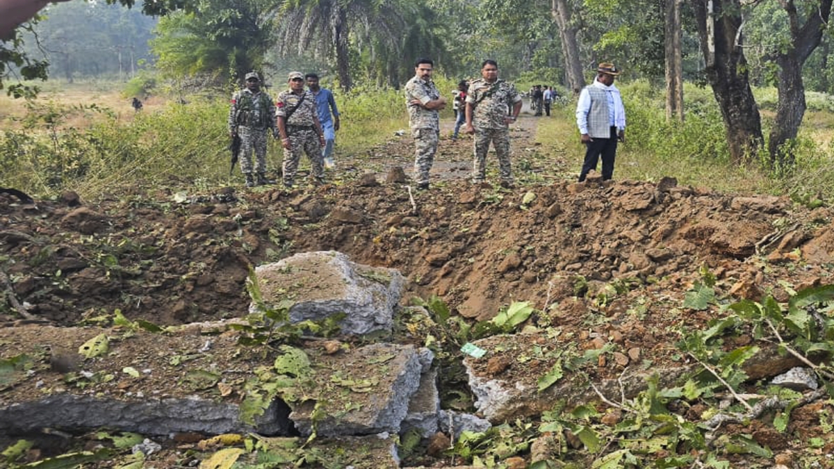Security personnel at the site following the death of eight jawans of District Reserve Guards (DRG) and a civilian driver after Naxals blew up their vehicle with an improvised explosive device, in Chhattisgarh's Bijapur district, Monday, Jan. 6, 2025. (PTI Photo) Security personnel at the site following the death of eight jawans of District Reserve Guards (DRG) and a civilian driver after Naxals blew up their vehicle with an improvised explosive device, in Chhattisgarh's Bijapur district, Monday, Jan. 6, 2025. (PTI Photo)