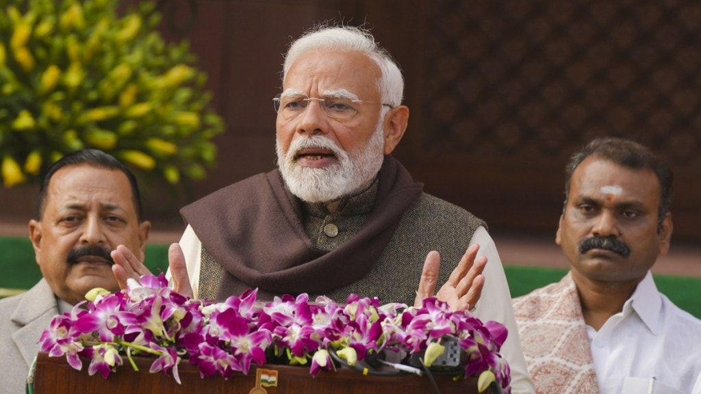 Prime Minister Narendra Modi addresses the media on the first day of the Budget session of Parliament, in New Delhi, Friday, Jan. 31, 2025. (PTI Photo)