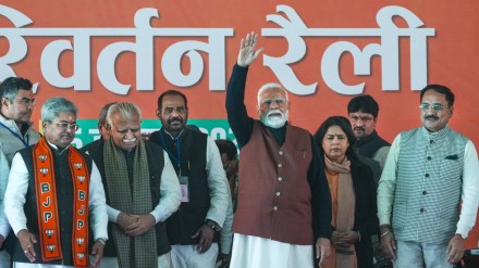 Prime Minister Narendra Modi with Union Minister Manohar Lal, BJP National General Secretary Dushyant Kumar Gautam, Delhi BJP President Virendra Sachdeva and BJP candidate for Delhi Assembly elections Ramesh Bidhuri during a public meeting, at Rohini, in New Delhi, Sunday, Jan. 5, 2025. (PTI Photo)