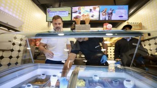 Congress leader and Leader of Opposition in Lok Sabha Rahul Gandhi is seen at a Keventers outlet, at Patel Nagar area, in New Delhi. (AICC via PTI Photo)