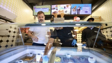 Congress leader and Leader of Opposition in Lok Sabha Rahul Gandhi is seen at a Keventers outlet, at Patel Nagar area, in New Delhi. (AICC via PTI Photo)