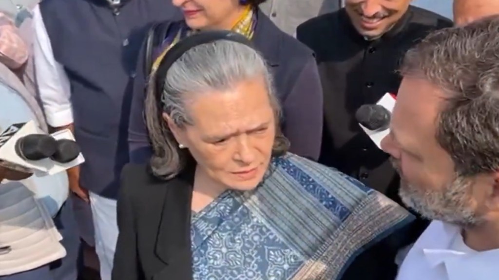 Sonia Gandhi speaking to reporters after President's speech.