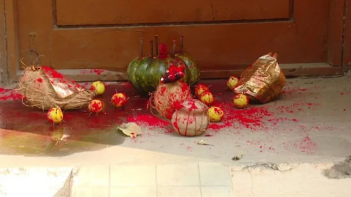 Doll, lemons, red vermilion found outside KMF office. (Photo: Deccan Chronicle) Doll, lemons, red vermilion found outside KMF office. (Photo: Deccan Chronicle)