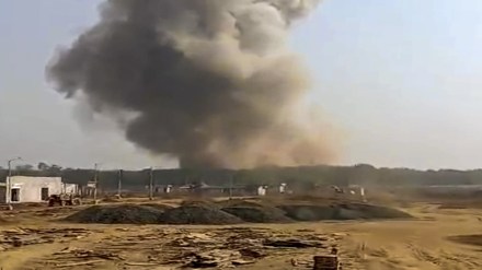 A blast is seen afar at the ordnance factory, in Bhandara district, Maharashtra, Friday, Jan. 24, 2025. (PTI Photo)