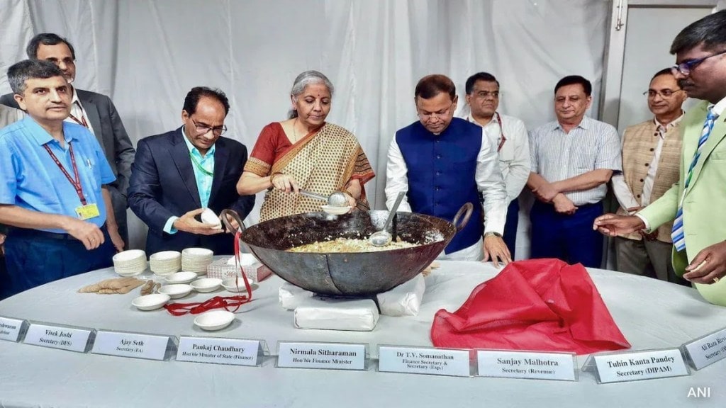 Budget 2025 Halwa Ceremony Today: Union Finance Minister Nirmala Sitharaman during the Halwa ceremony for the ’Lock in’ of Union Budget 2024.