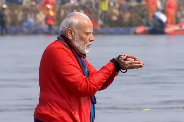 The flagship event at Mahakumbh 2025 today as PM Modi takes a holy dip as Sangam Snan. Chanting with his rudrakshas and performing a ritual bath, he graced the occasion. (Image source: ANI)