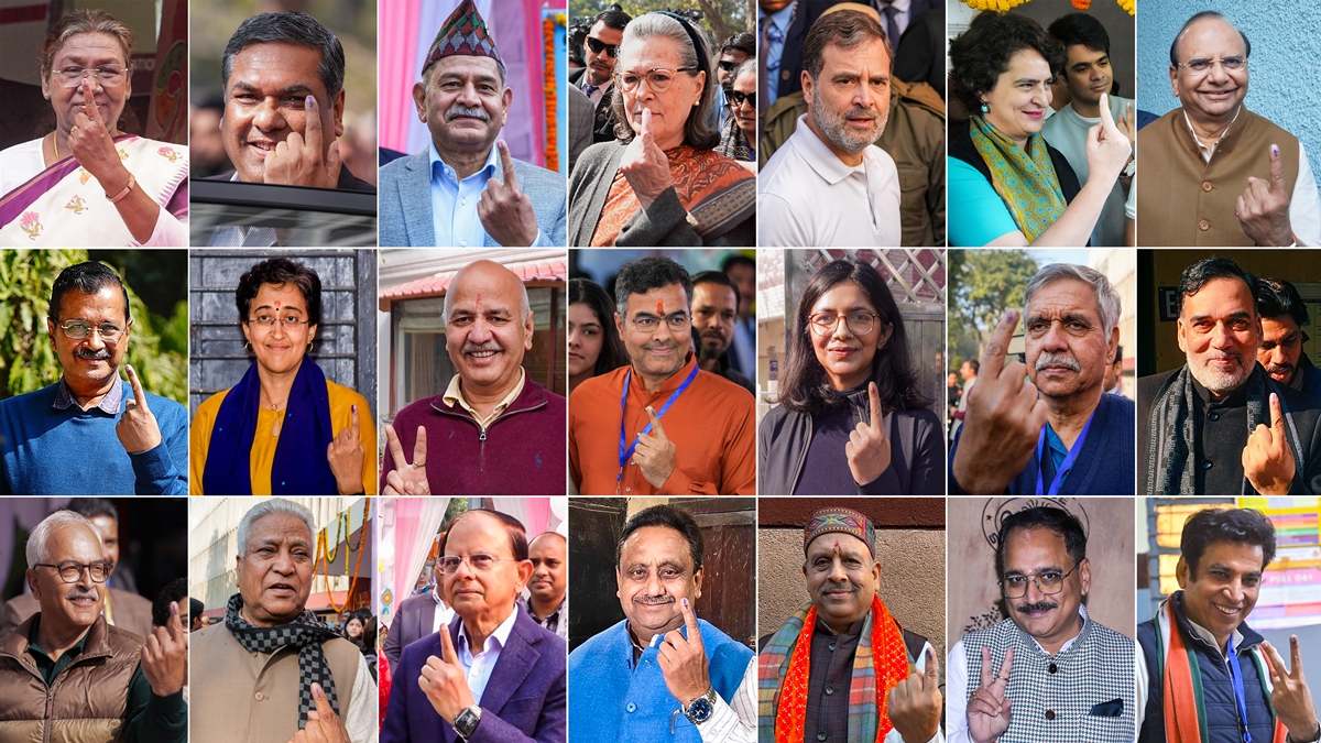 Delhi Election Results Highlights: Political leaders show their fingers marked with indelible ink after casting votes during the Delhi Assembly elections, in New Delhi. (PTI Photo) Delhi Election Results Highlights: Political leaders show their fingers marked with indelible ink after casting votes during the Delhi Assembly elections, in New Delhi. (PTI Photo)
