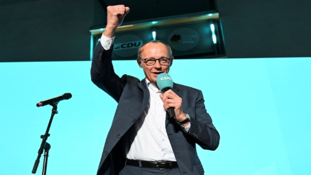 Christian Democratic Union (CDU) party leader Friedrich Merz speaks at the party headquarters, after the exit poll results are announced for the 2025 general election, in Berlin, Germany, February 23, 2025. REUTERS/Angelika Warmuth
