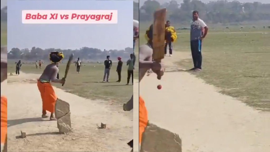 Clad in traditional attire, the babas can be seen effortlessly hitting the ball for sixes and fours. Clad in traditional attire, the babas can be seen effortlessly hitting the ball for sixes and fours.