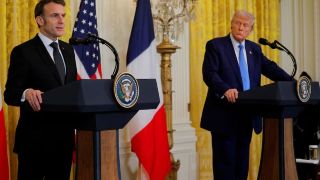 U.S. President Donald Trump and French President Emmanuel Macron attend a press conference at the White House in Washington, D.C., U.S., February 24, 2025. REUTERS/Brian Snyder