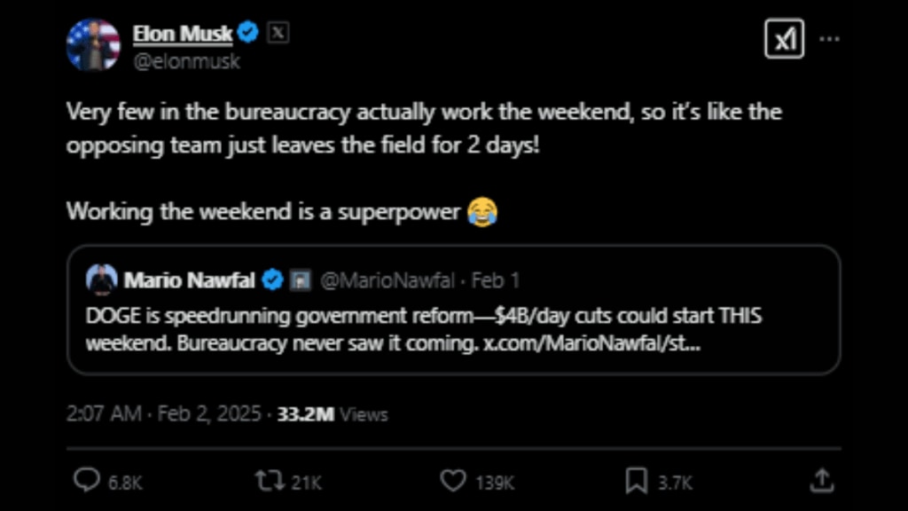 Elon Musk was replying to a post that praised the new U.S. administration and its Department of Government Efficiency (DOGE) for exposing fraud linked to the previous administration.