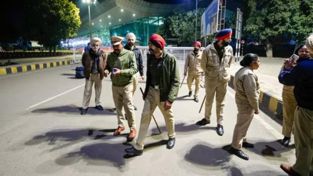 Security personnel stationed outside Amritsar Airport on Saturday, February 15, 2025, ahead of the arrival of the second batch of immigrants from the US. (Image Source: PTI)